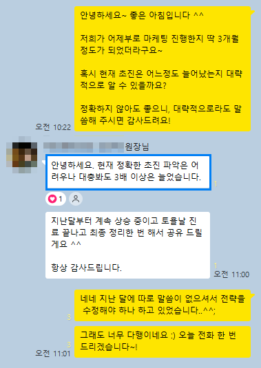 원장님 · 마케팅 3개월 차 카카오톡 후기: 대충 봐도 3배 이상은 늘었습니다